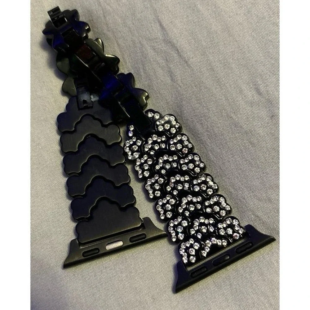 NEW Black SS Rhinestone Flower Linked Band for Apple Watch 38mm/40mm/41mm